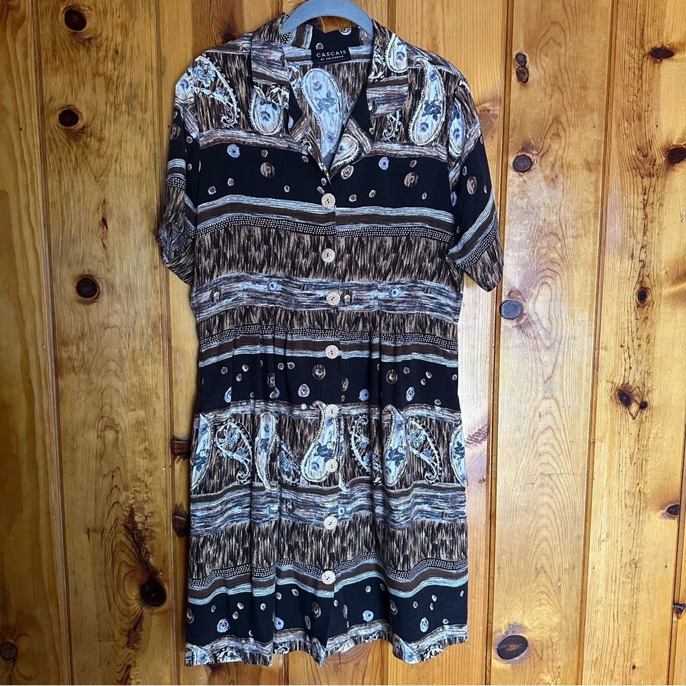 Vintage Cascais Black and Brown Patterned Button-Up Dress